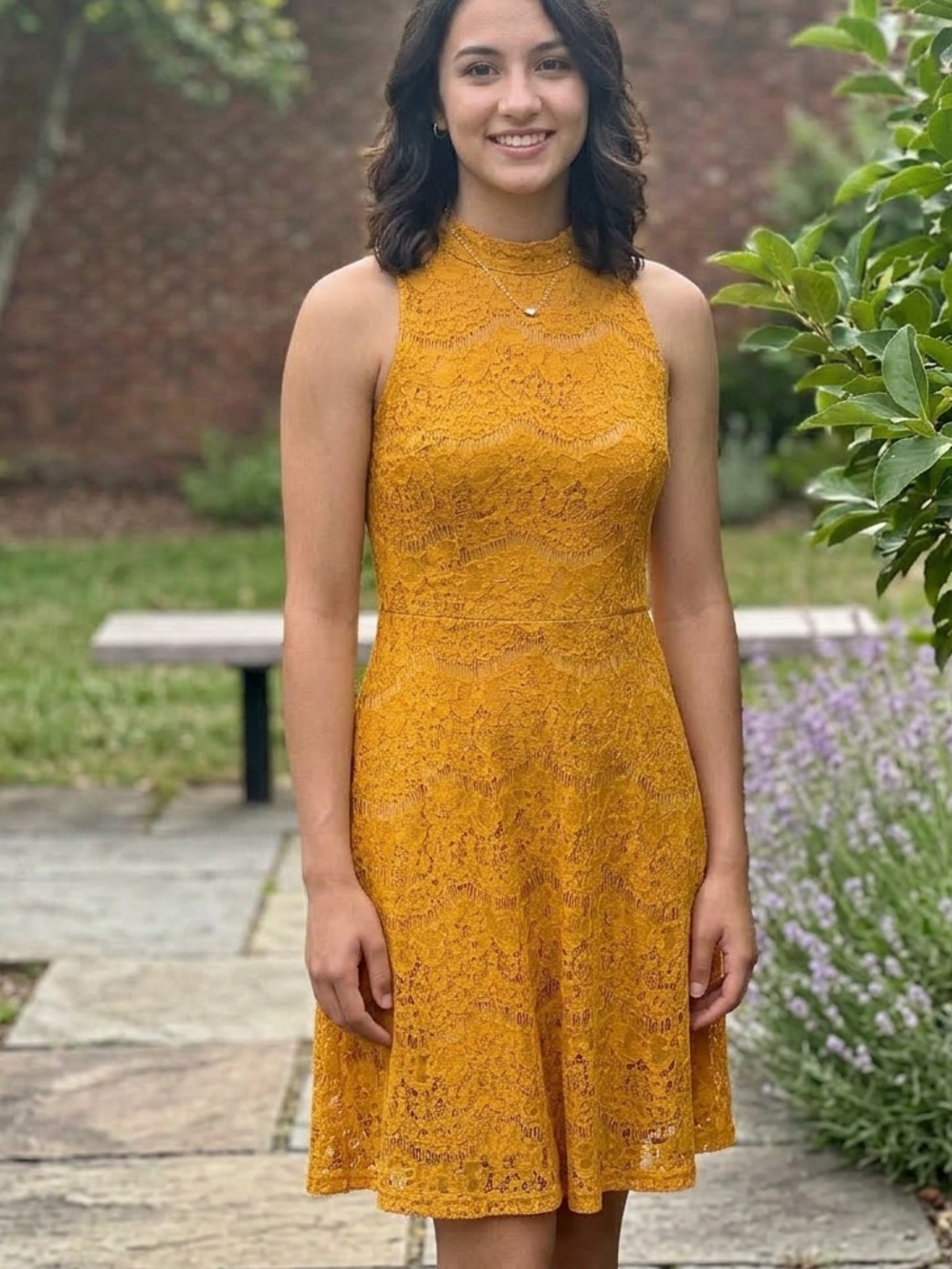 Love Fire Mustard Yellow Lace Mock Neck A-Line Dress Small NWT